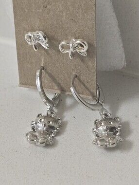 Hello Kitty Silver Tone Hoop Drop Earrings & Bow Stud Earrings 2pk